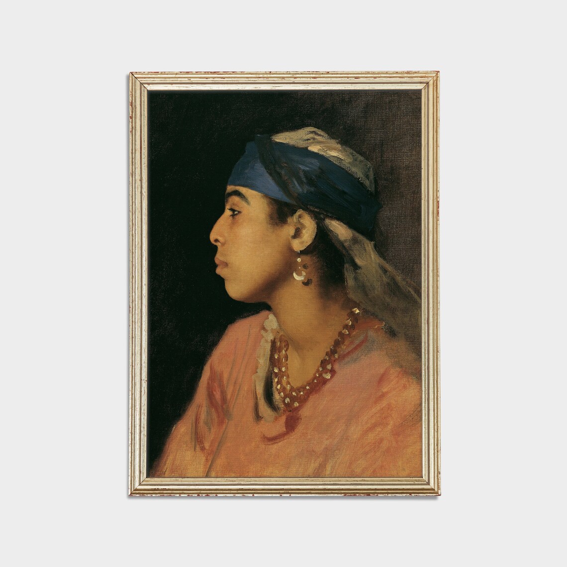 Woman In Blue Headscarf Profile Portrait Moody Classic Oil Painting Poster - Image 2
