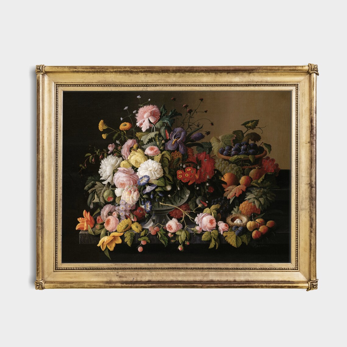 Grand Flower Urn with Fruit and Bird Nest Antique Still Life Poster - Image 4