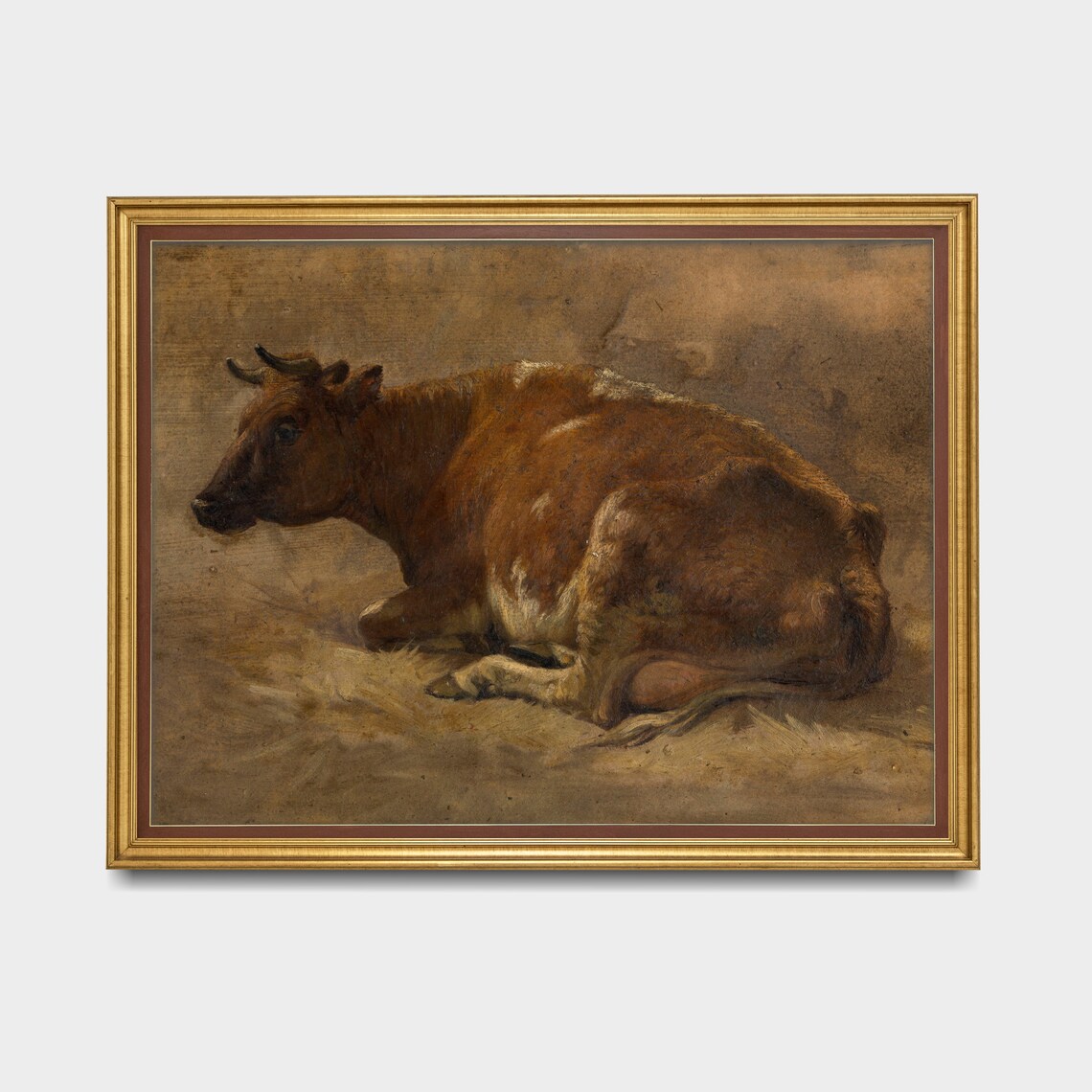 Brown Cow Resting in Straw Moody Vintage Farm Animal Painting Poster - Image 3