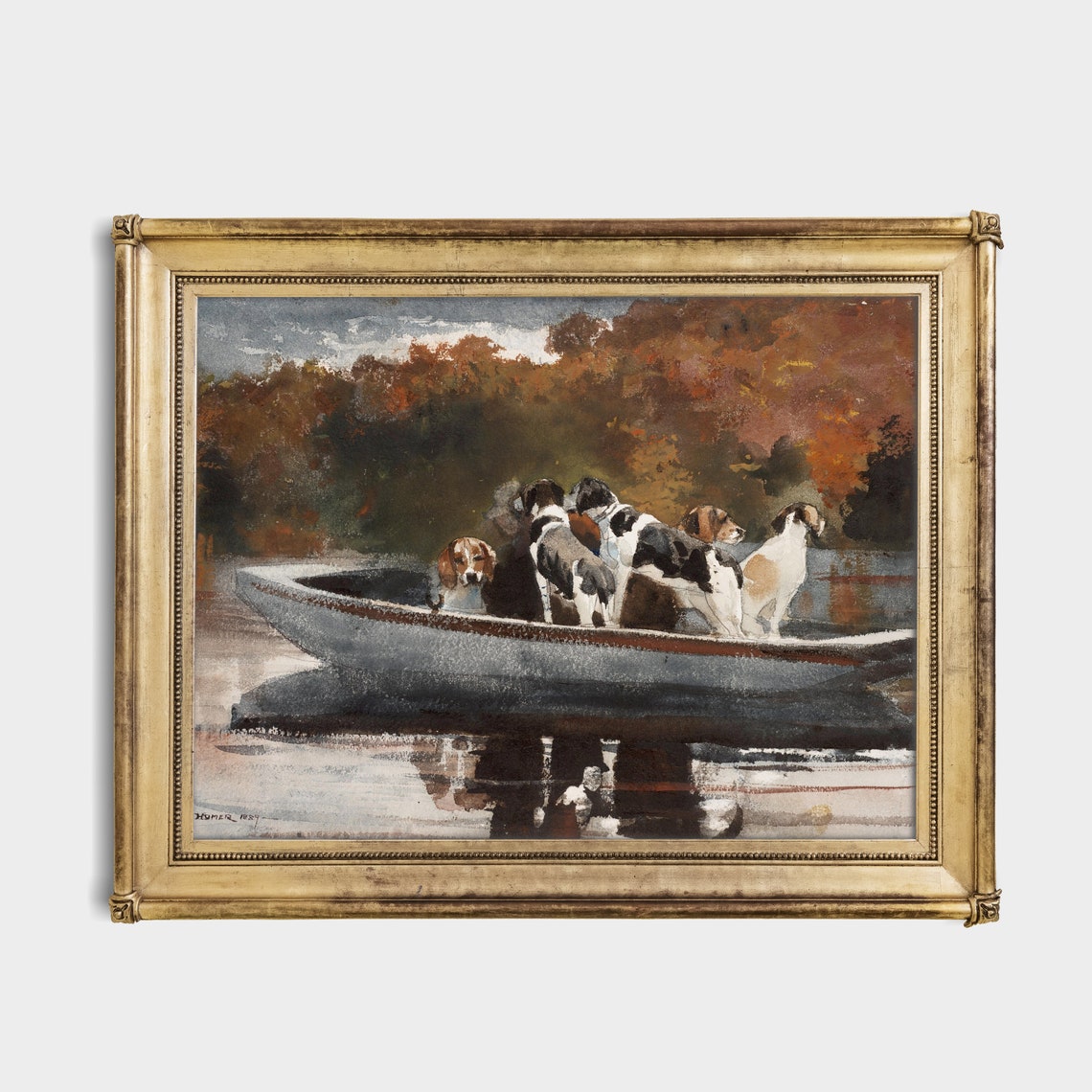 Hunting Dogs in a Canoe Signed Homer 1891 Vintage Dog Paint Poster - Image 4