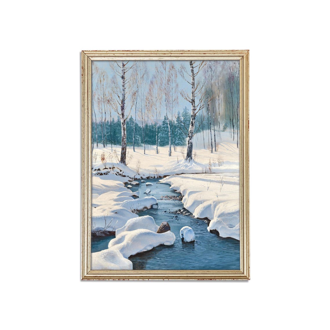 Winter Stream Through A Snowy Birch Forest Vintage Art Poster - Image 3