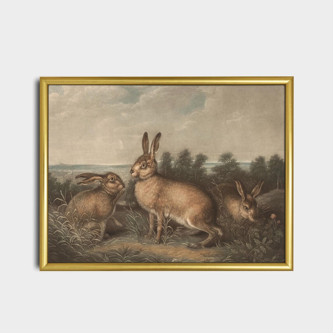 Three Hares Countryside Vintage Engraving Style Animal Art Poster - Image 2