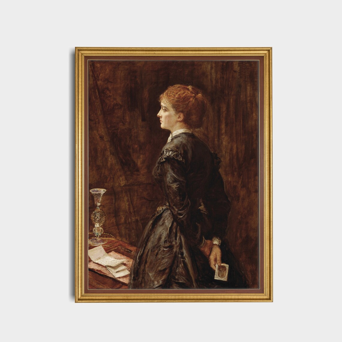 Victorian Redhead Woman Profile Antique Dark Portrait Oil Painting Poster - Image 4