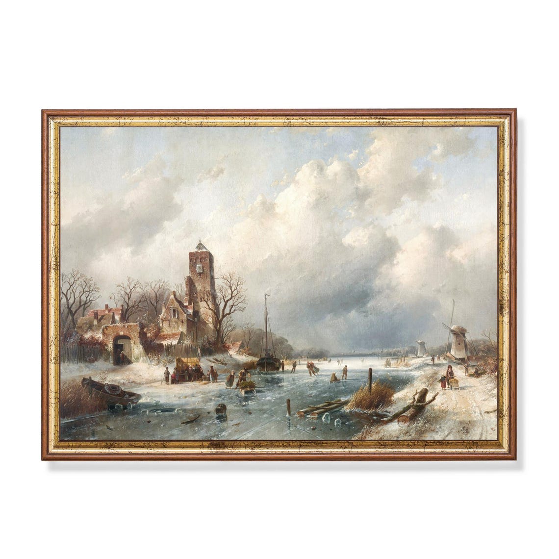 Dutch Church Windmills Frozen Canal Vintage Winter Art Poster