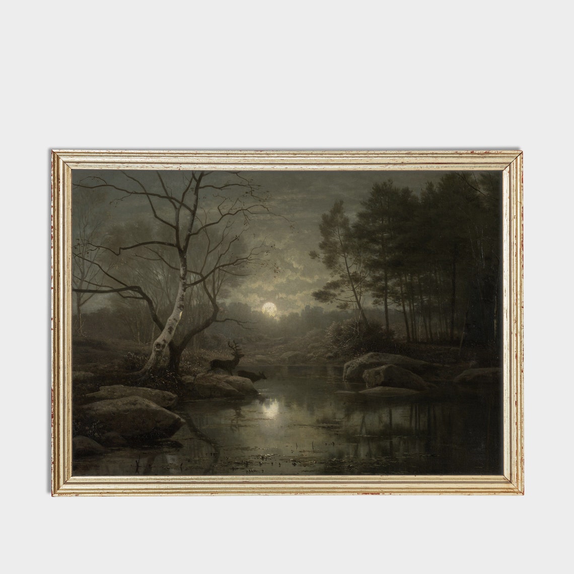 Moonlit Forest with Deer at Still Water Night Landscape Print - Image 3
