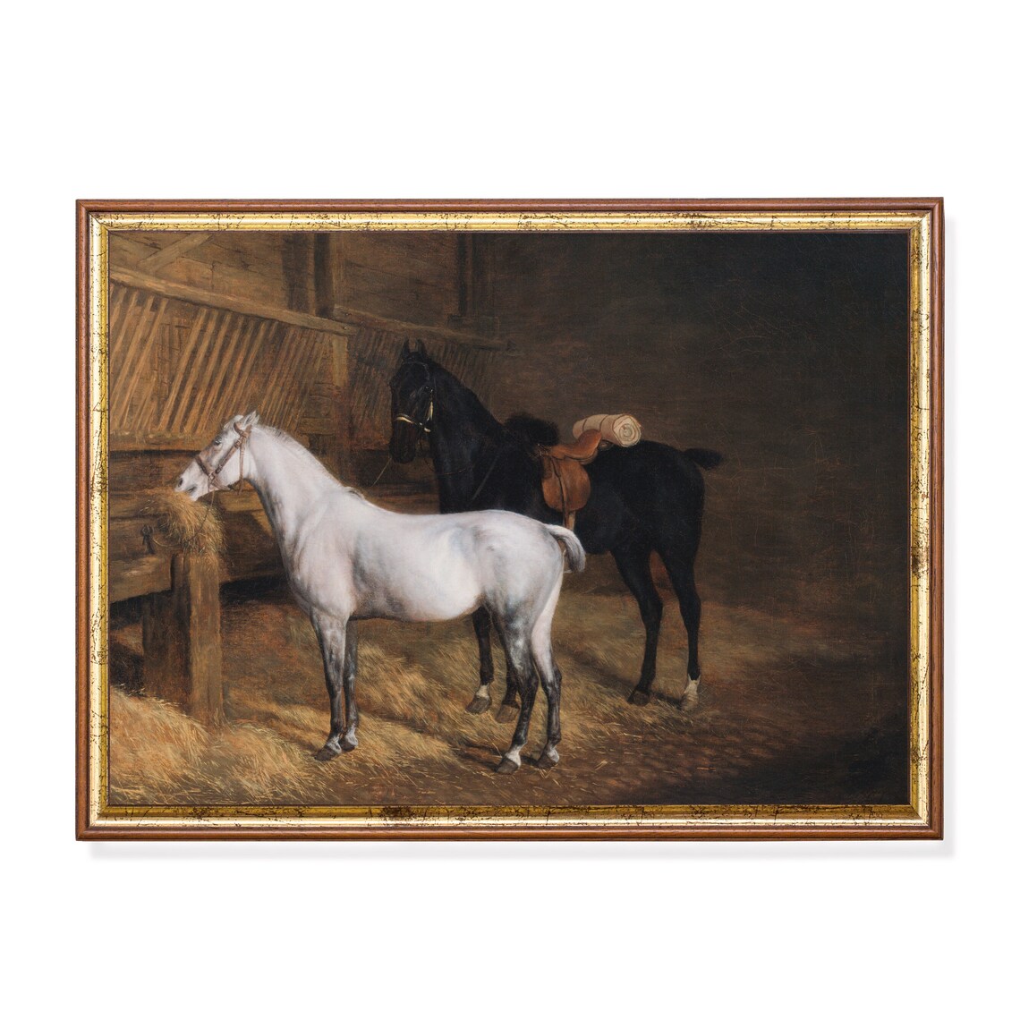 Grey and Bay Horses Together in a Dark Stable Painting Poster