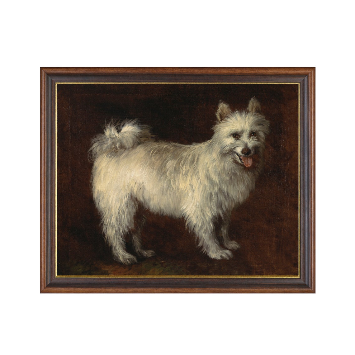 White Fluffy Dog Standing Against Dark Antique Pet Portrait Poster - Image 3