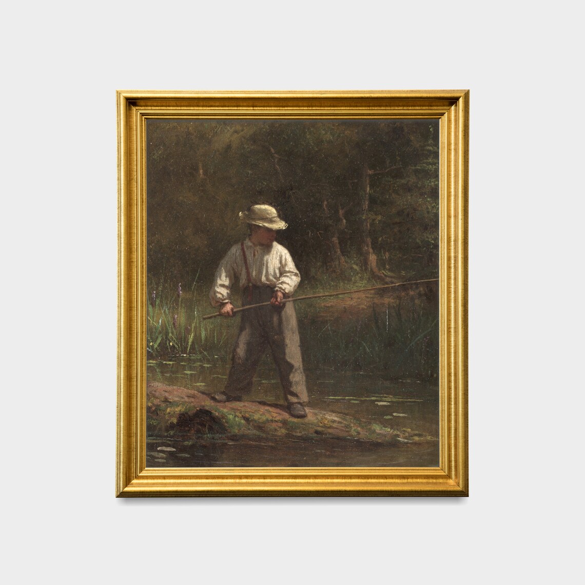 Vintage Boy Fishing Painting, Rustic Wall Art Print - Image 2