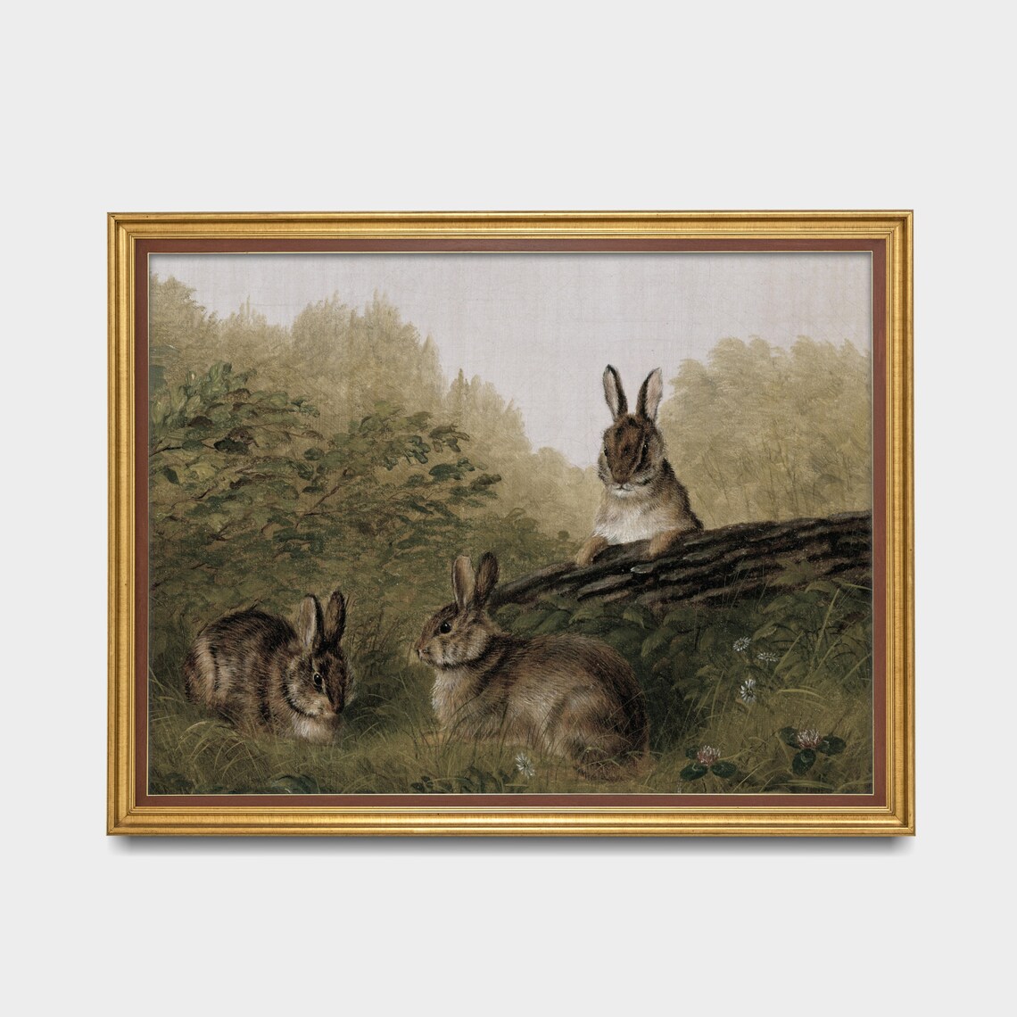 Three Rabbits In Woodland Meadow Antique Animal Painting Poster - Image 3
