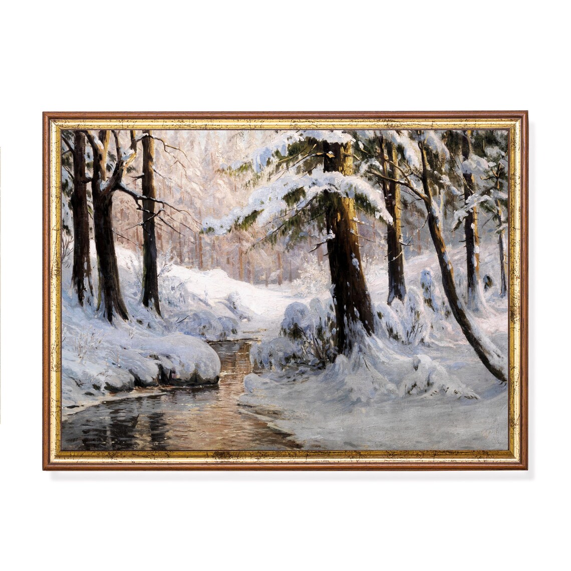 Snowy Forest Stream at Sunrise Vintage Winter Woodland Poster