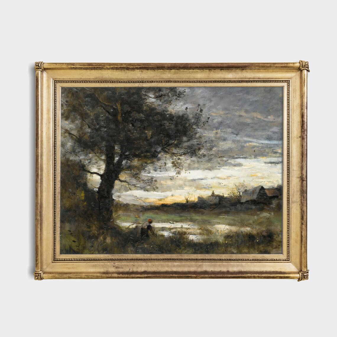 Antique Dusk Landscape with a Lone Tree and Village Beyond Poster - Image 2