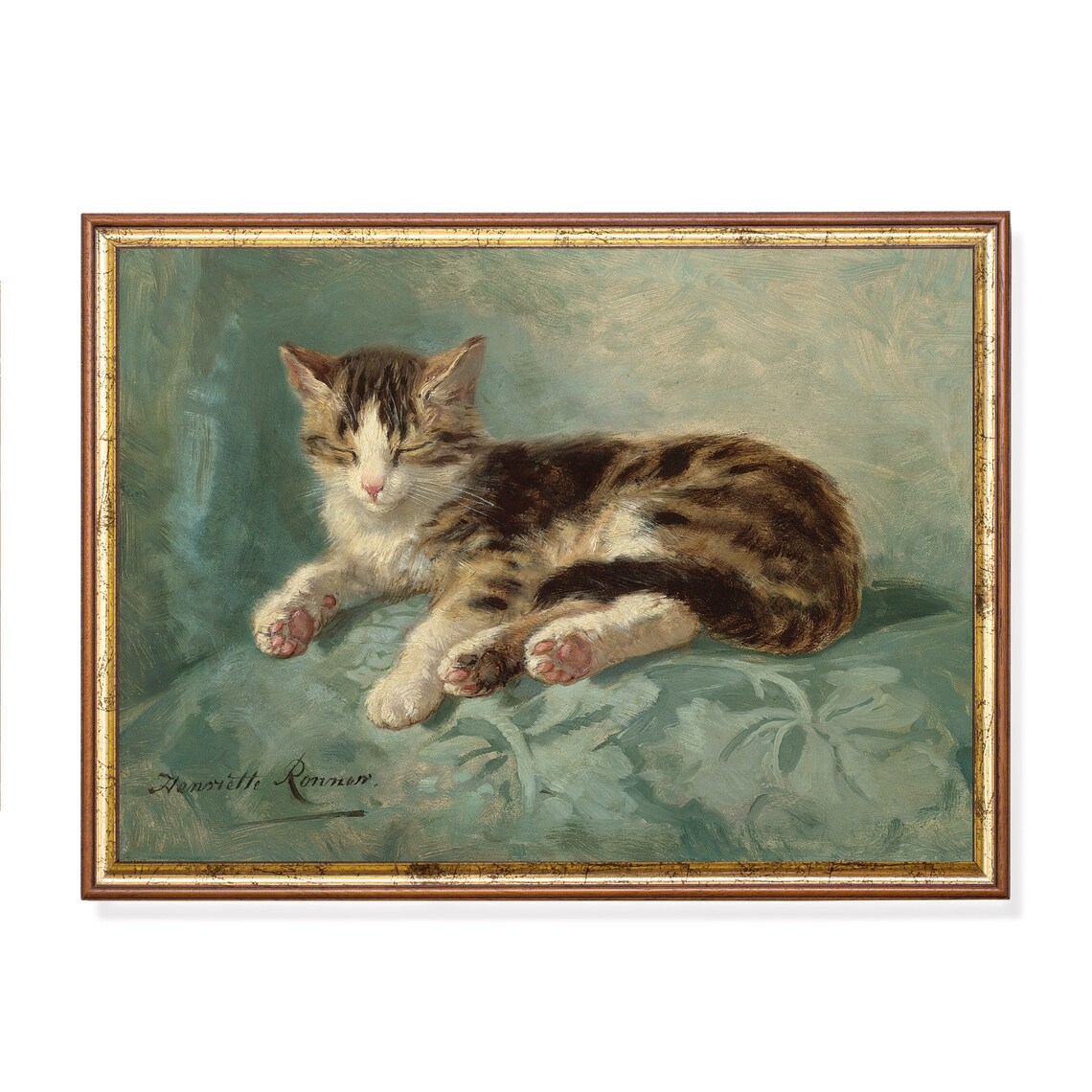 Sleeping Tabby Kitten on a Green Cushion Vintage Cat Painting Poster