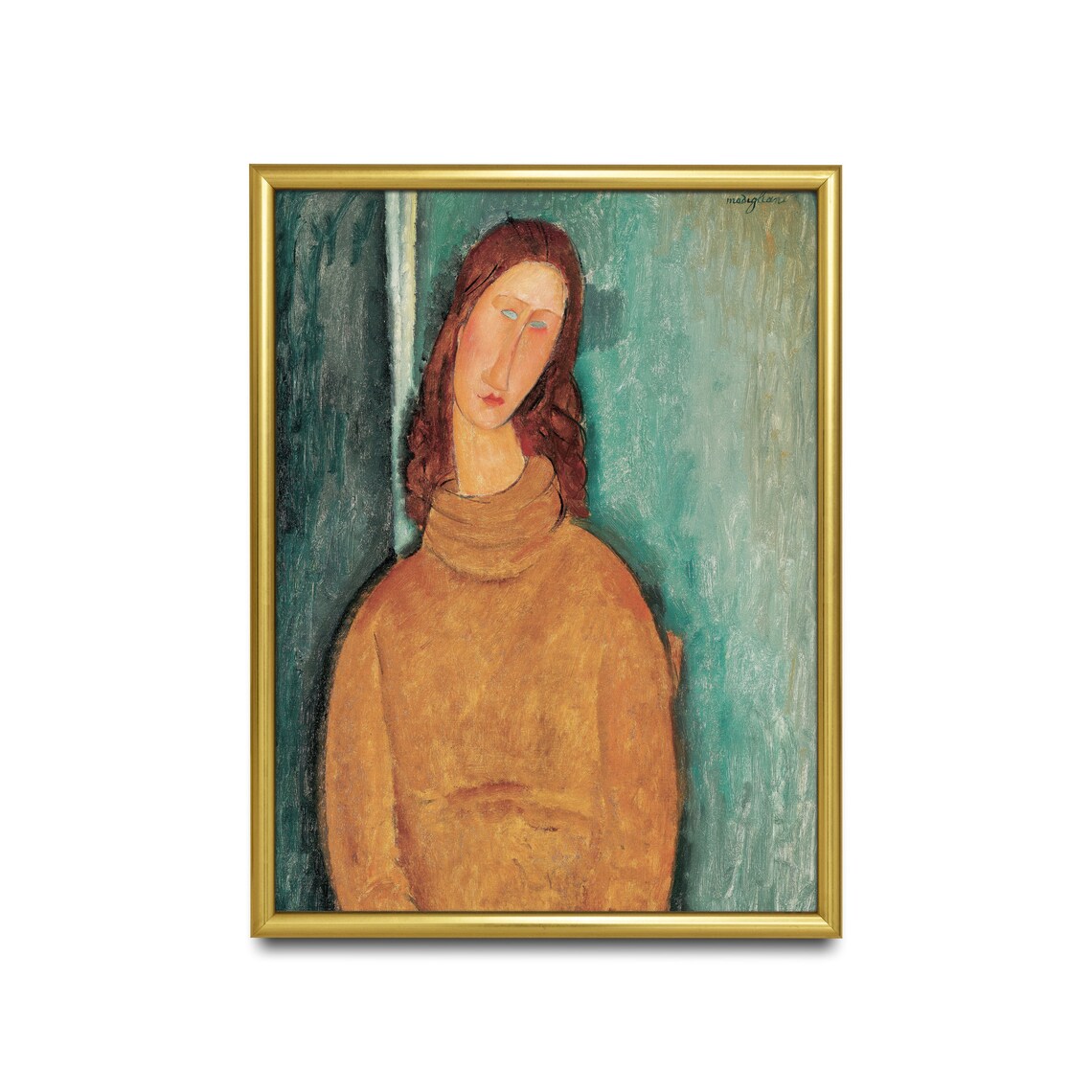 Woman in Ochre Turtleneck Against Teal Modigliani Style Portrait Poster - Image 2