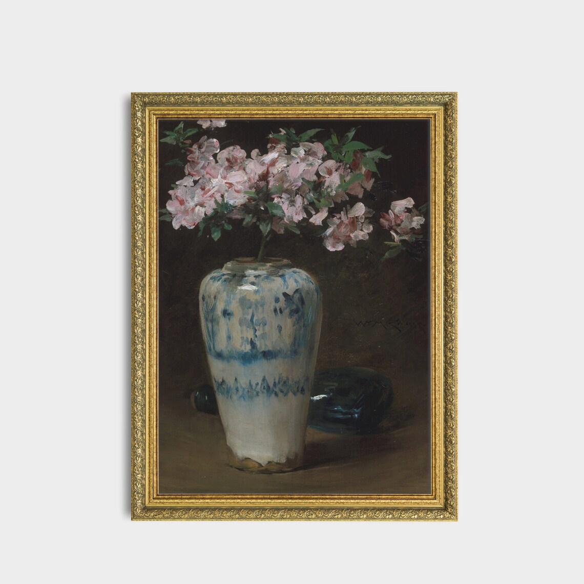 Pink Azalea Blossoms In Blue And White Porcelain Vase Floral Poster - Image 3