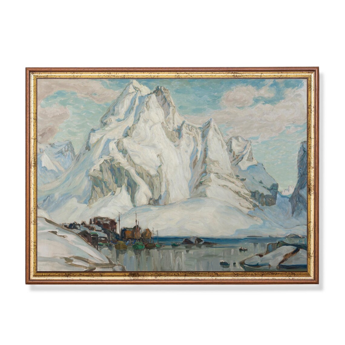 Snowy Alpine Peaks Fishing Boats Nordic Winter Landscape Poster