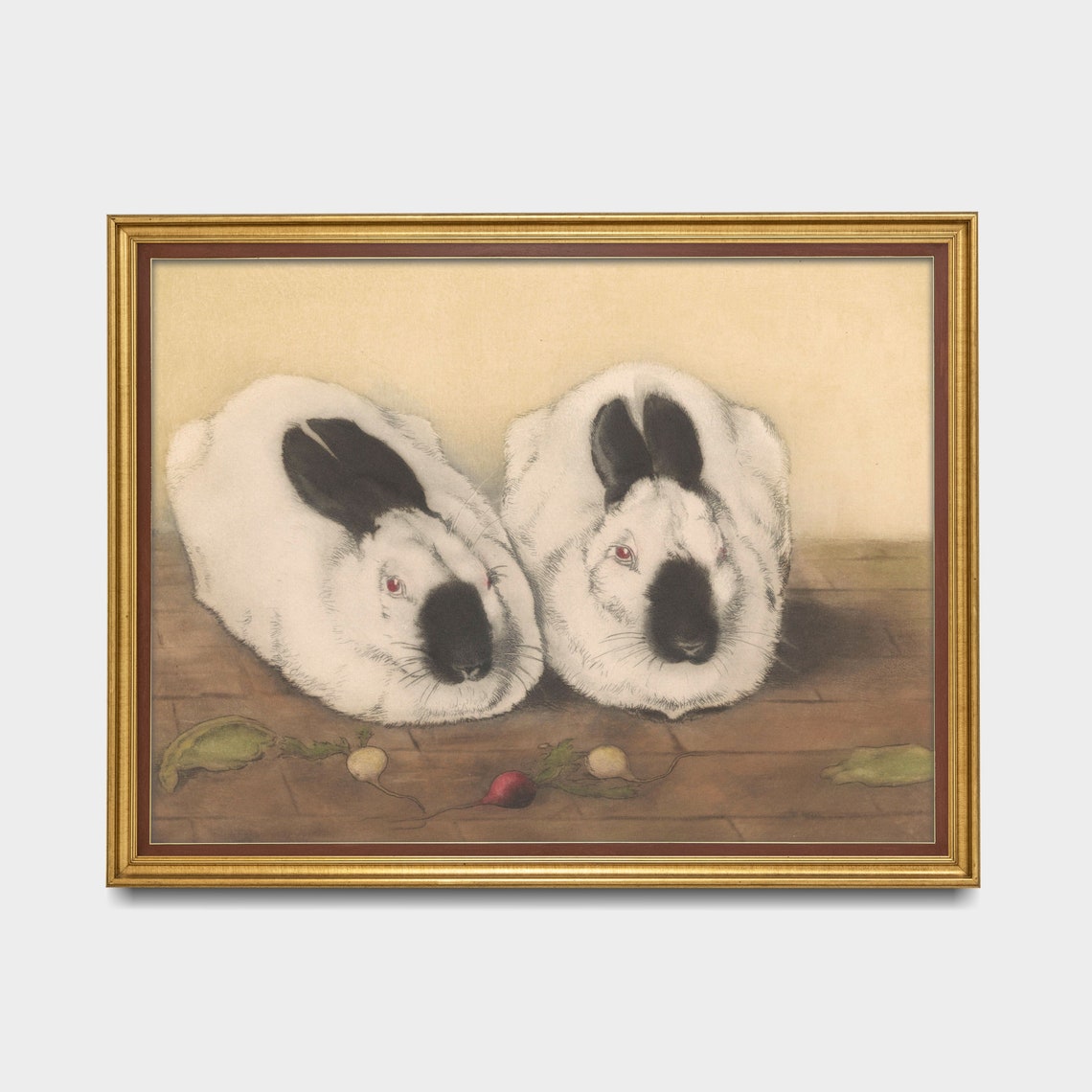 Two White Rabbits with Black Ears and Radishes Vintage Animal Poster - Image 3