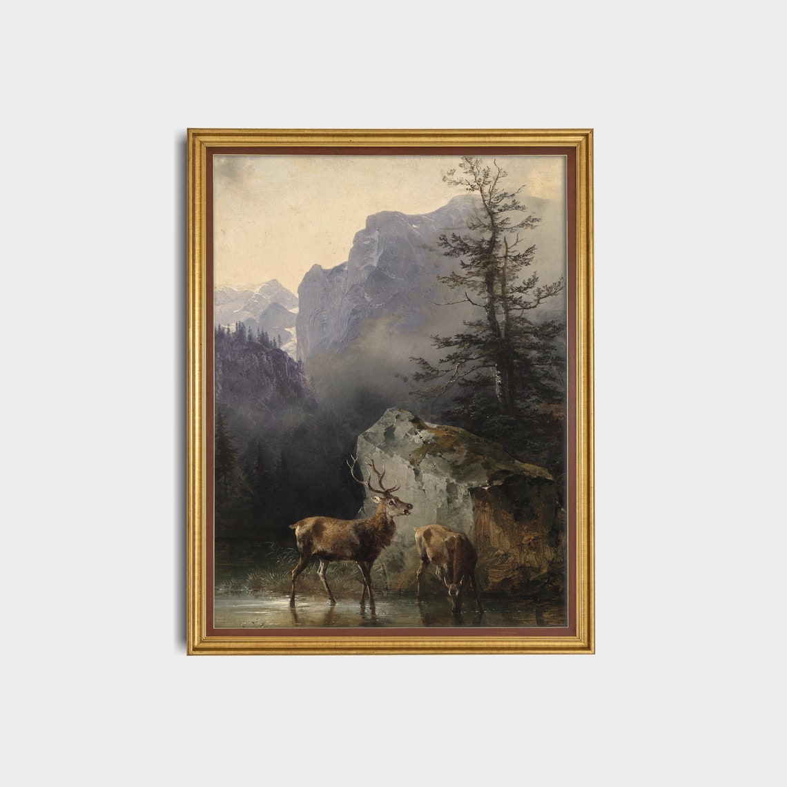 Two Red Deer Drinking at Mountain Lake Vintage Wildlife Poster - Image 3