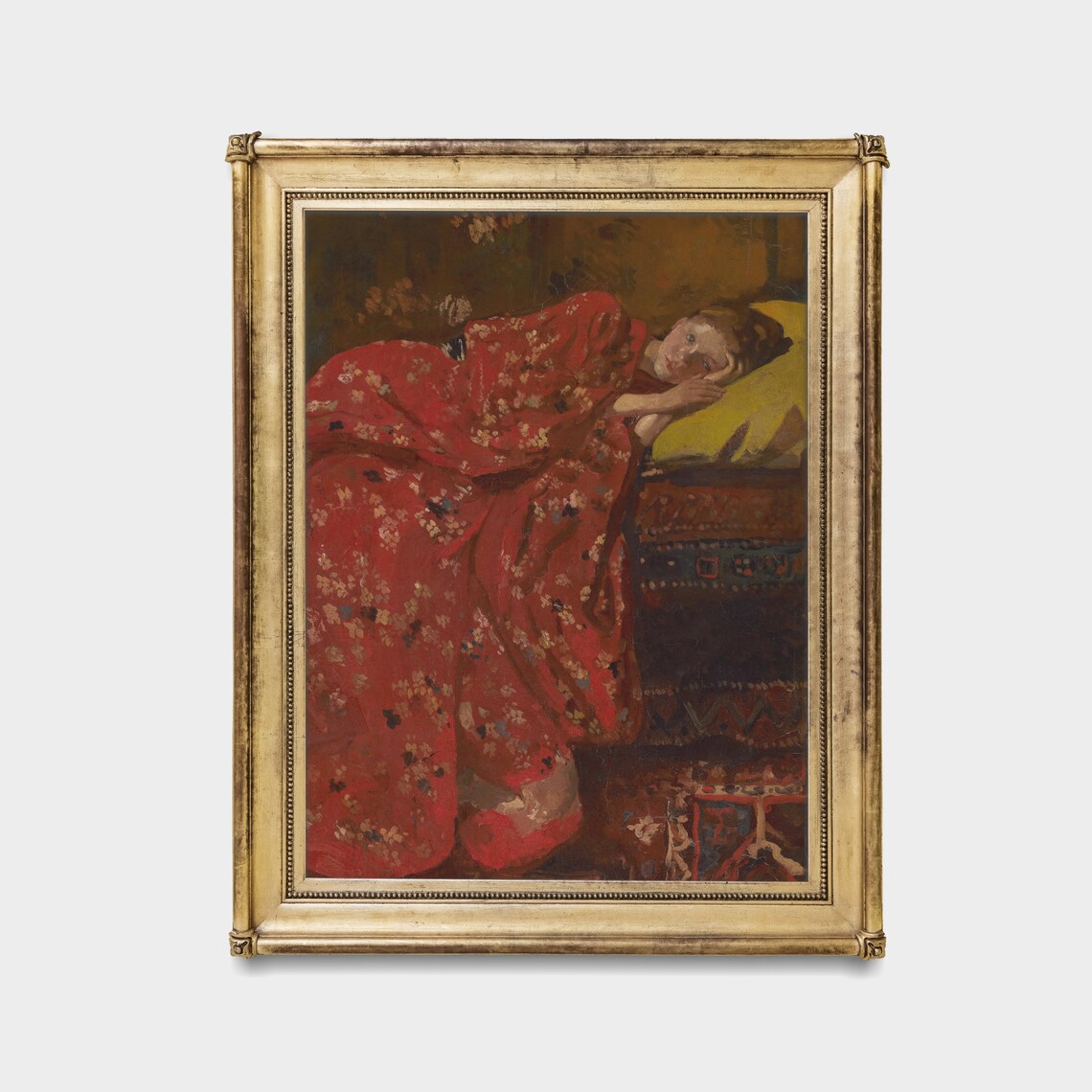 Girl Reclining in a Richly Patterned Red Floral Kimono Poster - Image 2
