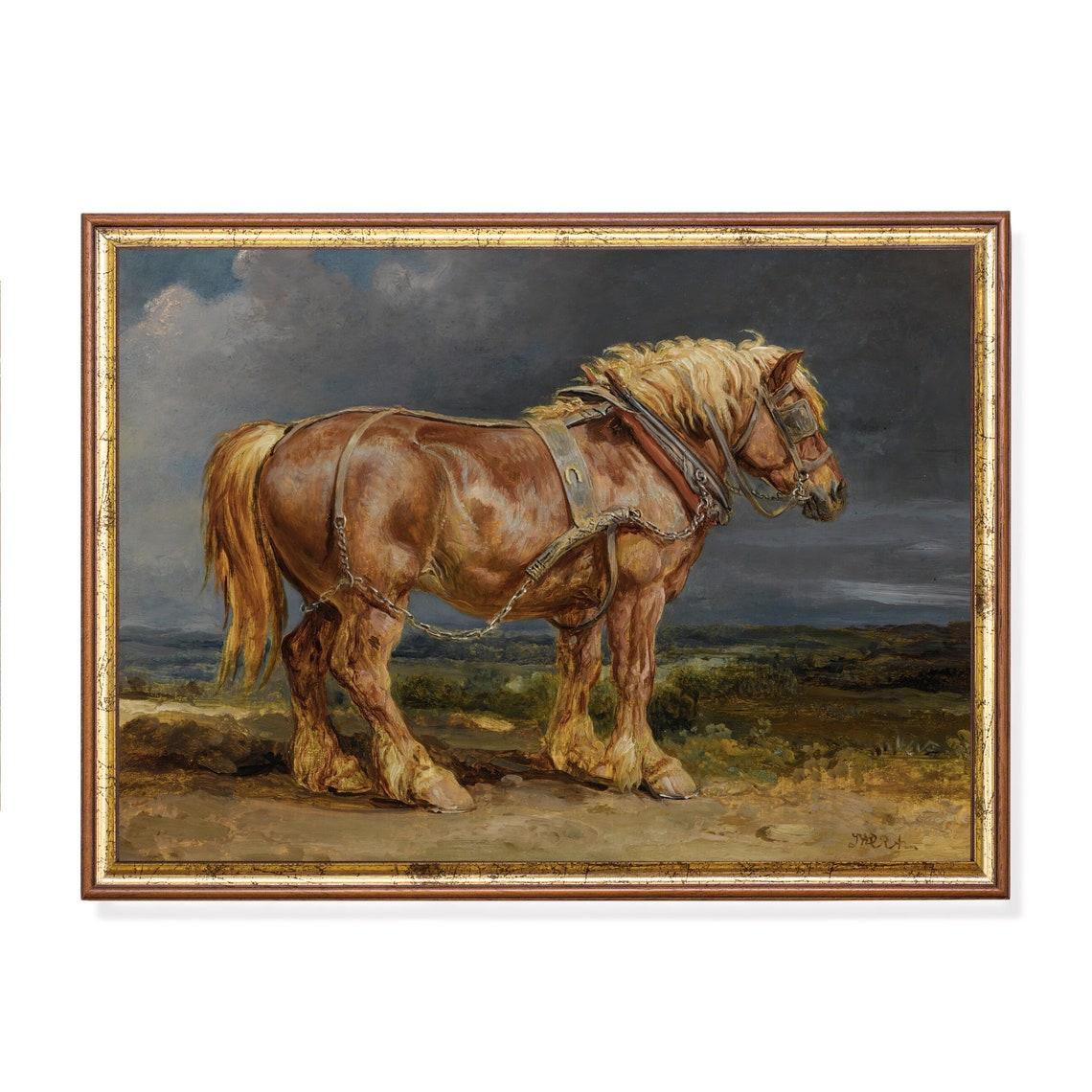 Chestnut Draft Horse in Harness Standing on a Hillside Animal Poster