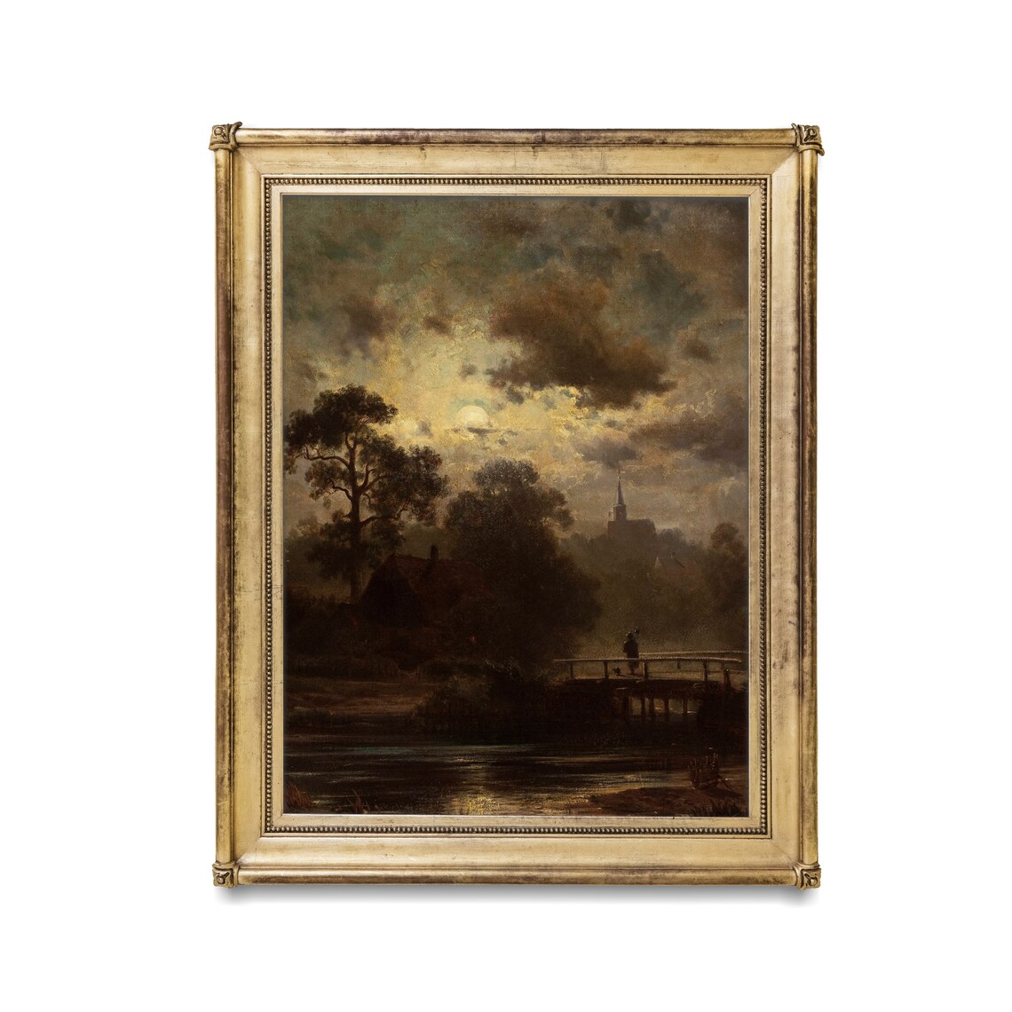 Moonlit River Bridge and Distant Church Antique Nocturne Poster - Image 2