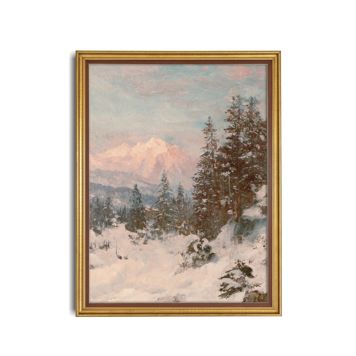 Snowy Alpine Valley at Pink Dawn with Frosted Tall Pines Poster - Image 3