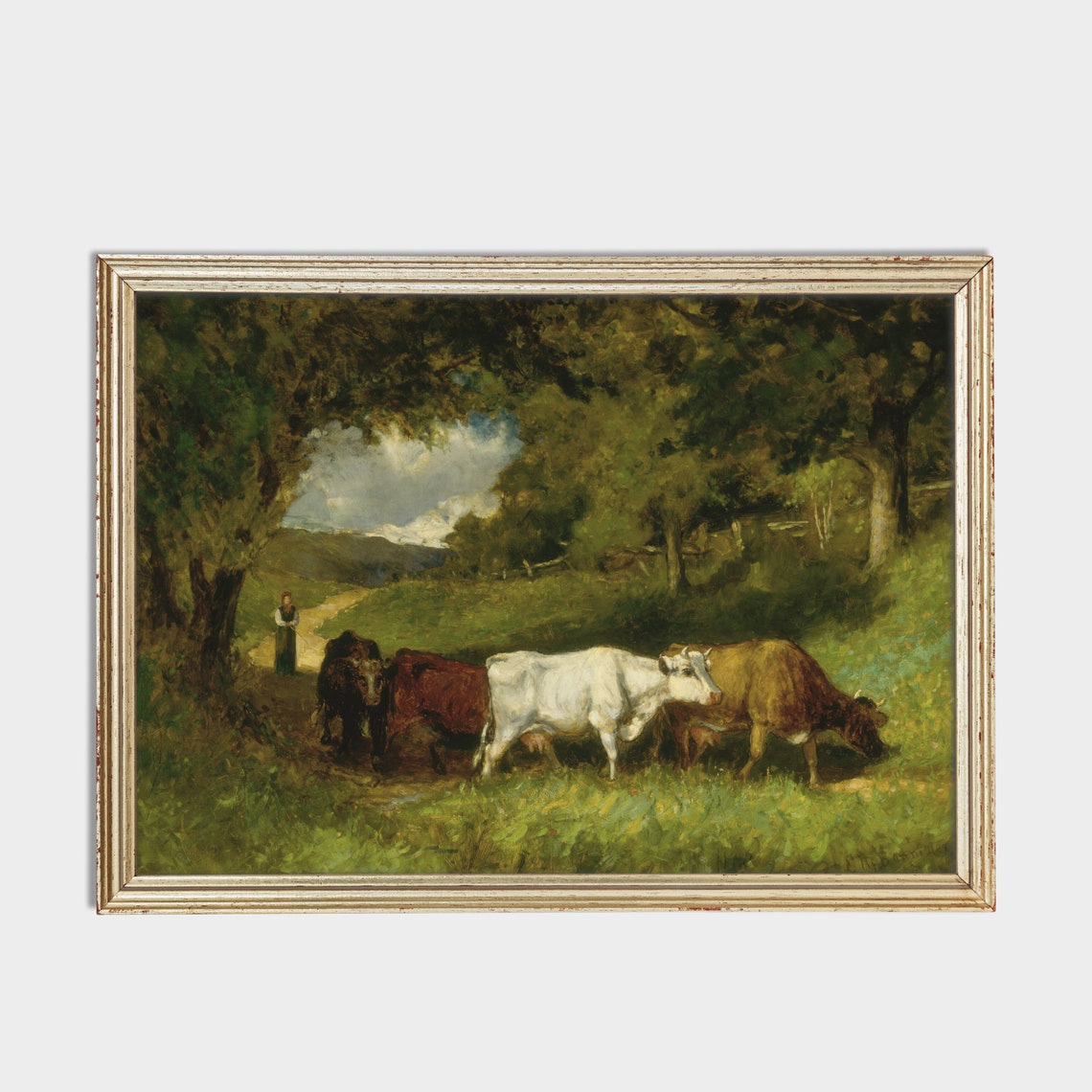 Cattle Herd Walking a Shaded Woodland Path with a Young Herder Poster - Image 2