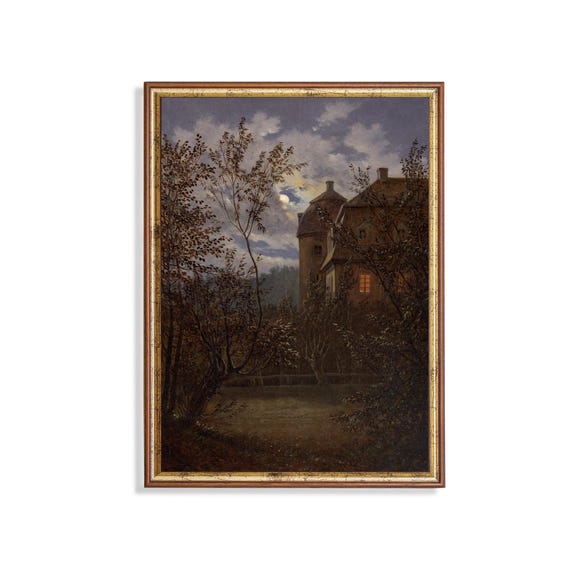 Print And Ship Vintage Wall Art Mansion In Moonlight Antique Moody Art Dark Academia Landscape Prints Halloween Decor