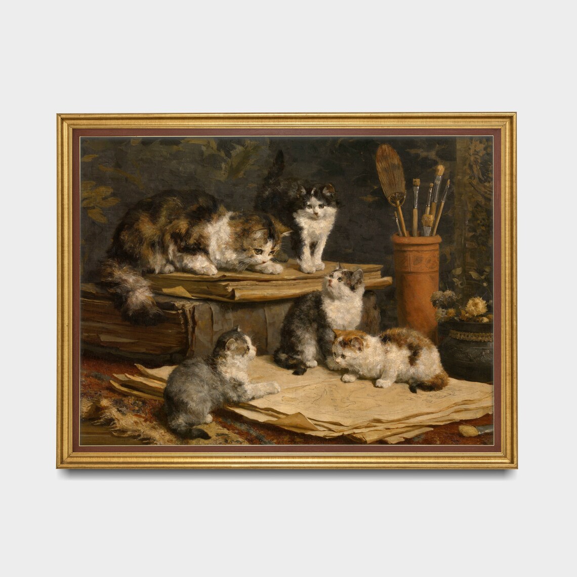 Mother Cat with Playful Kittens at an Artist's Studio Easel Poster - Image 3