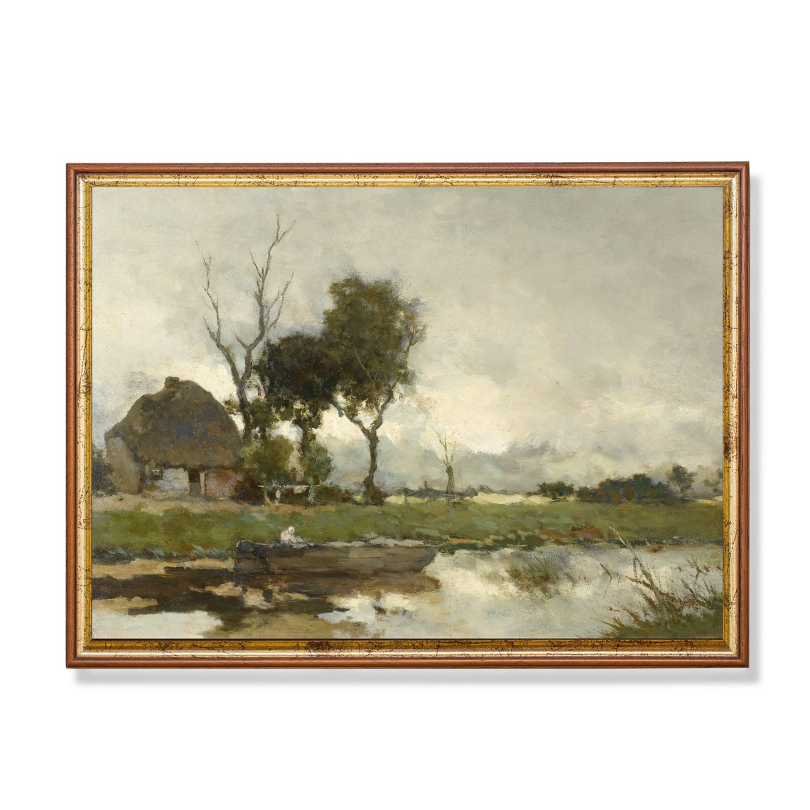 Thatched Cottage by a Still Pond Rustic Antique Landscape Art Poster