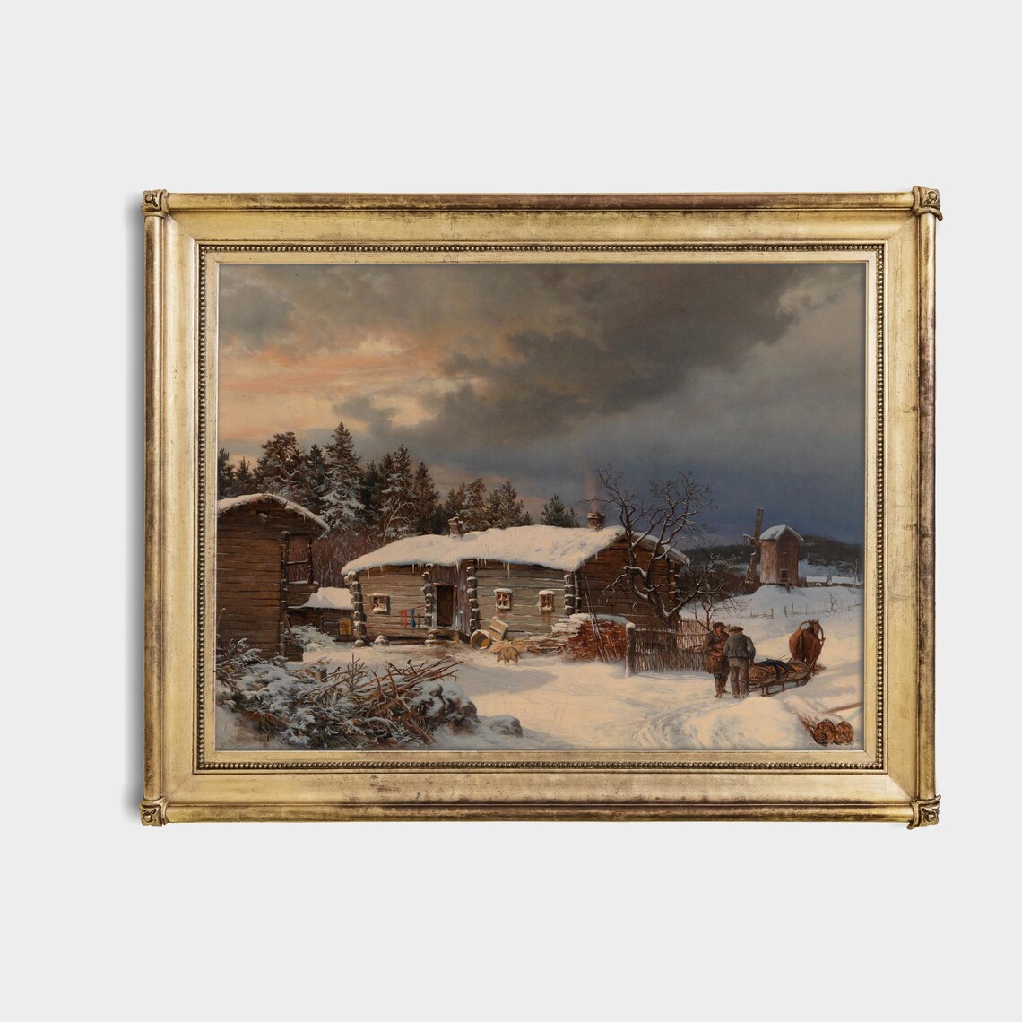 Snowy Log Cabin Farmstead at Dusk Winter Homestead Art Poster - Image 4