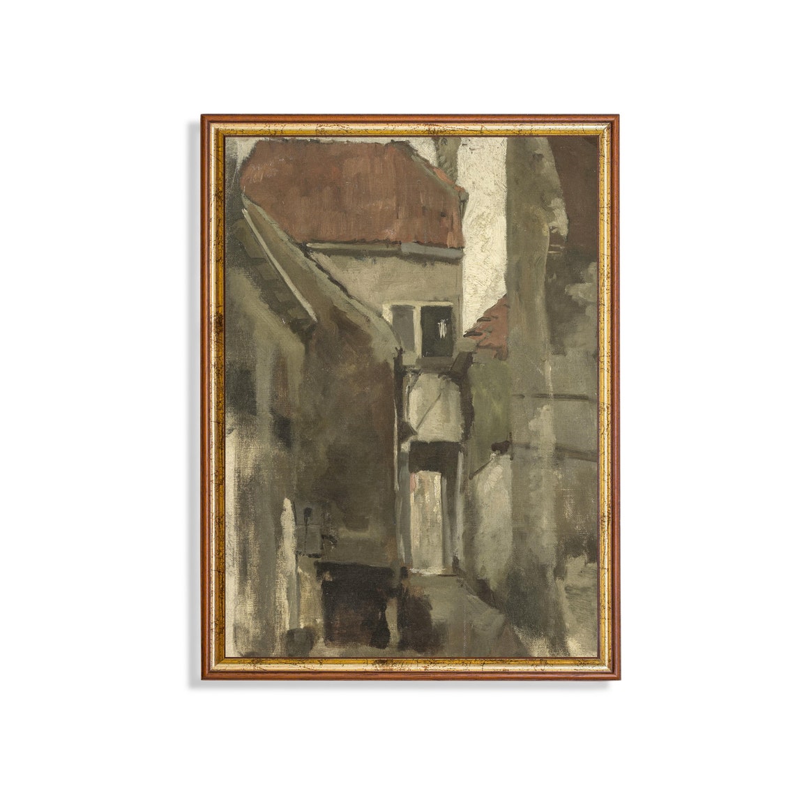Old Red Rooftops Narrow Alley Muted Sketch Vintage Architecture Print