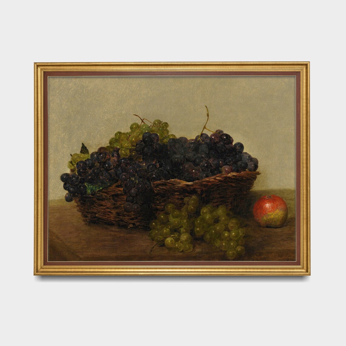 Basket of Dark and Green Grapes with Apple Antique Still Life Poster - Image 3