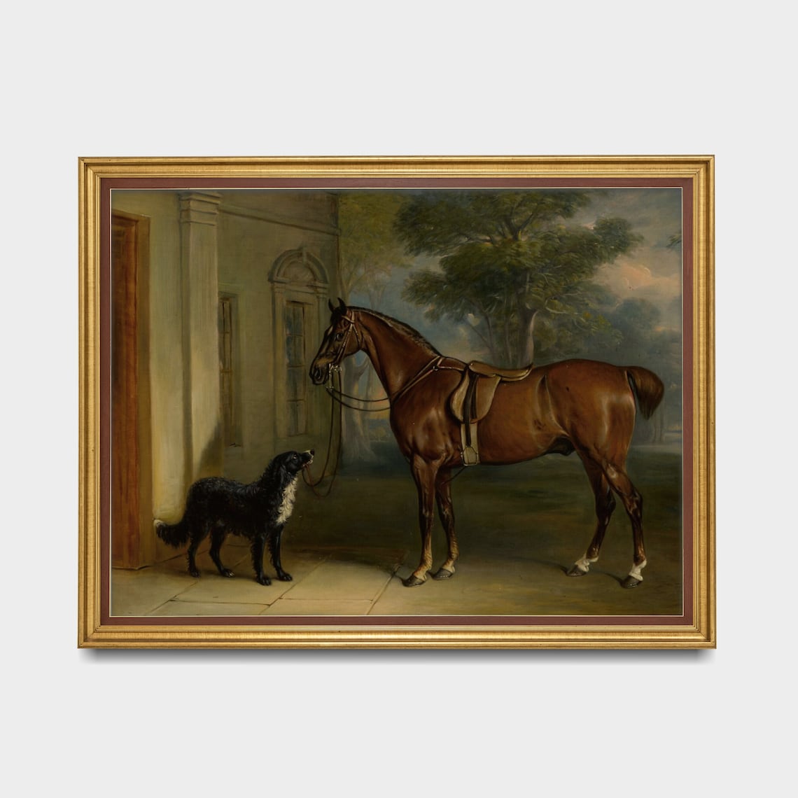 Saddled Chestnut Horse with Dog at Stable Door Vintage Poster - Image 3