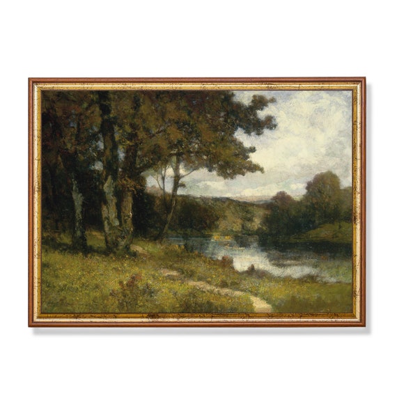 Vintage Landscape Painting Antique Country Landscape Moody Rustic Fine Print Wall Art Farmhouse Decor
