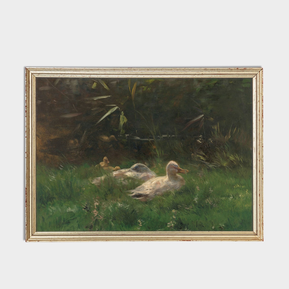 White Ducks Resting by a Pond With Ducklings Vintage Animal Poster - Image 2