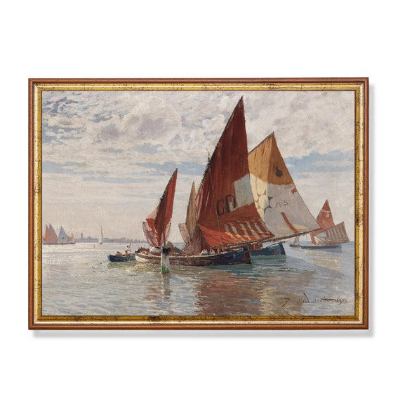 Vintage Seascape Painting Antique Sailing Boat Print Rustic Ocean Beach Print Nautical Decor Wall Art
