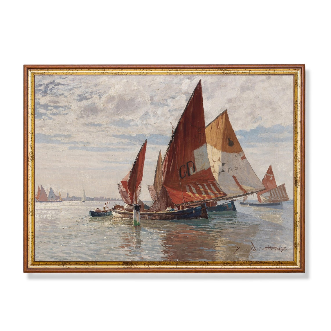 Vintage Seascape Painting Antique Sailing Boat Print Rustic Ocean Beach Print Nautical Decor Wall Art