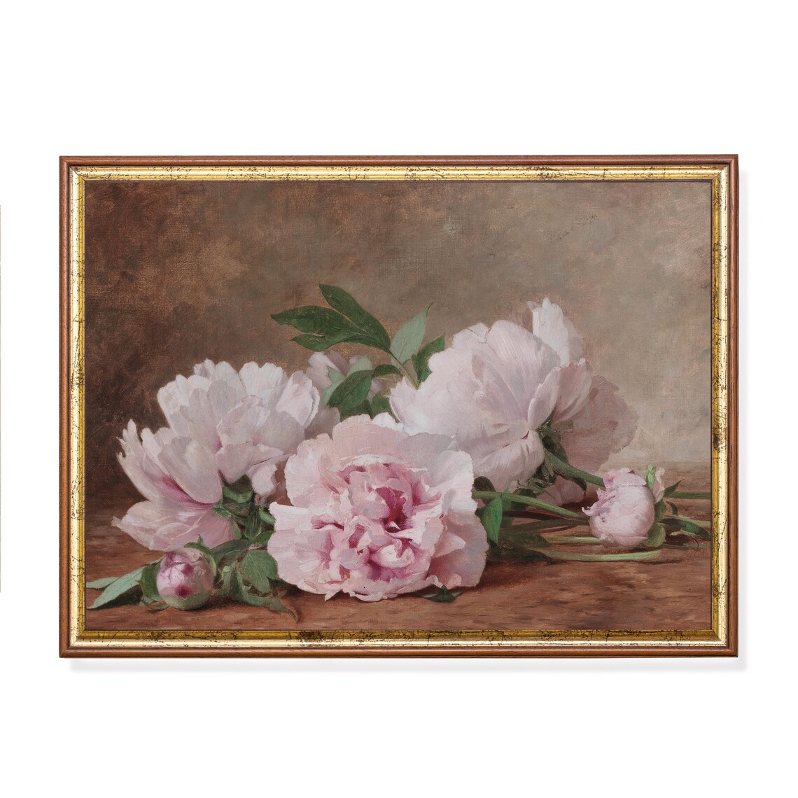 Vintage Still Life Painting of Blush Pink Peonies on a Table Poster