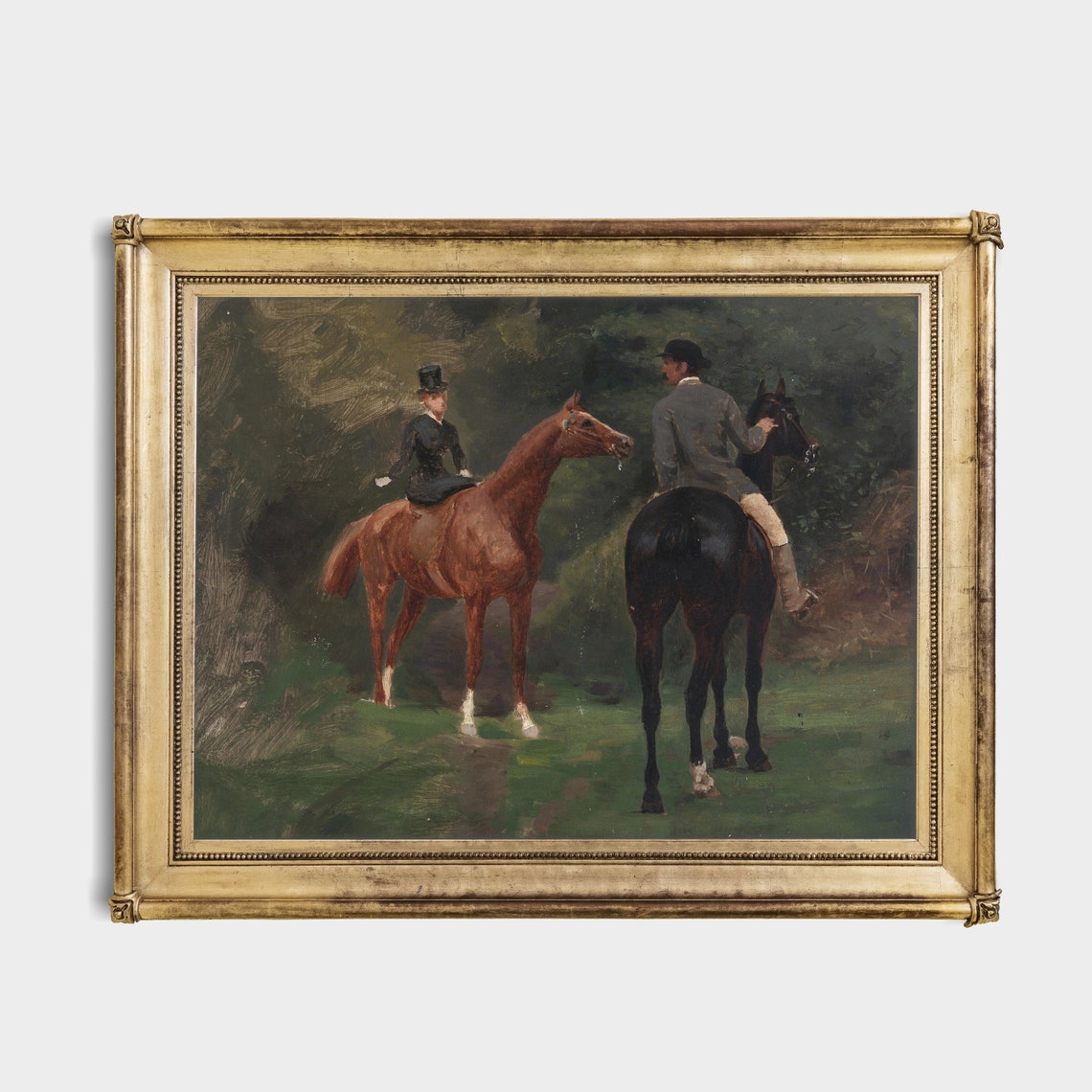 Lady and Gentleman on Horseback in a Dark Forest Antique Poster - Image 4