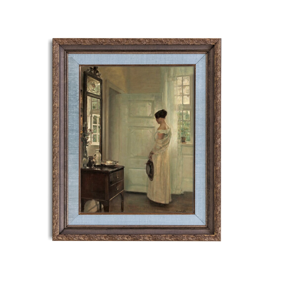Woman in a White Dress by a Mirror in a Sunlit Room Vintage Interior Poster - Image 3