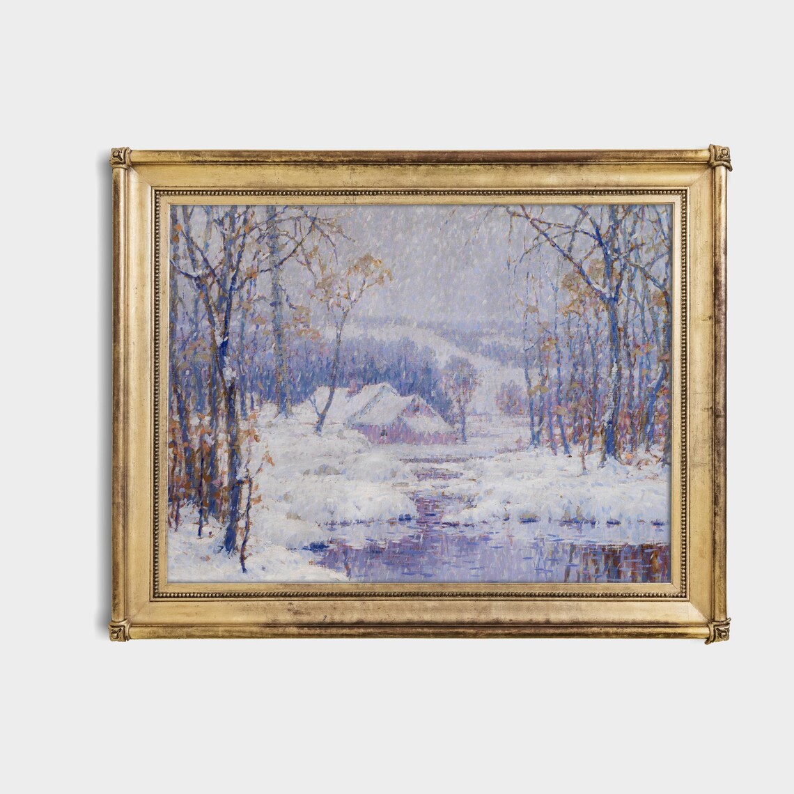 Snowy Cabin Stream Impressionist Winter Landscape Art Poster - Image 4
