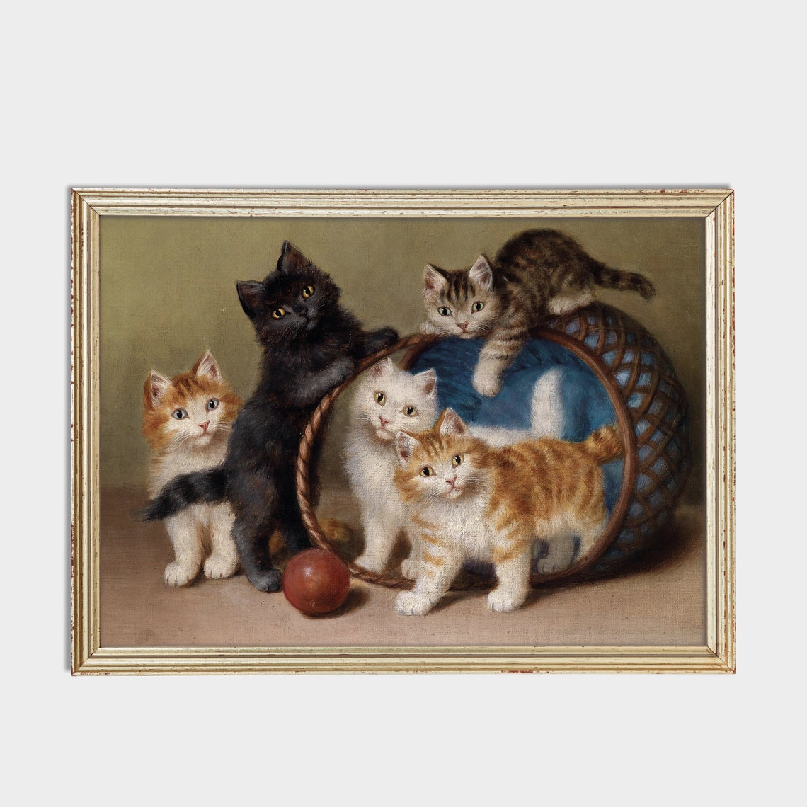 Five Playful Kittens with an Overturned Basket Vintage Cat Poster - Image 2