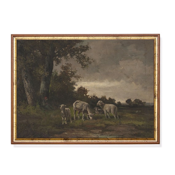 Sheep In Meadow Landscape Dark Moody Rustic Wall Decor Forest Animal Oil Painting Fine Art Print Wall Art