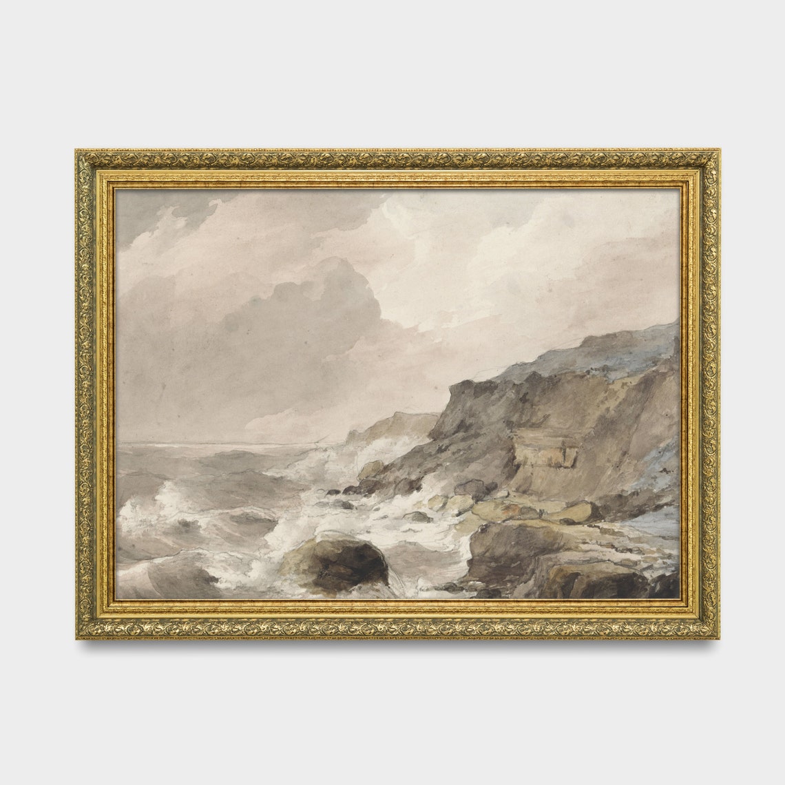 Waves Crashing on Rocky Cliffs Muted Watercolor Coastal Scene Poster - Image 2
