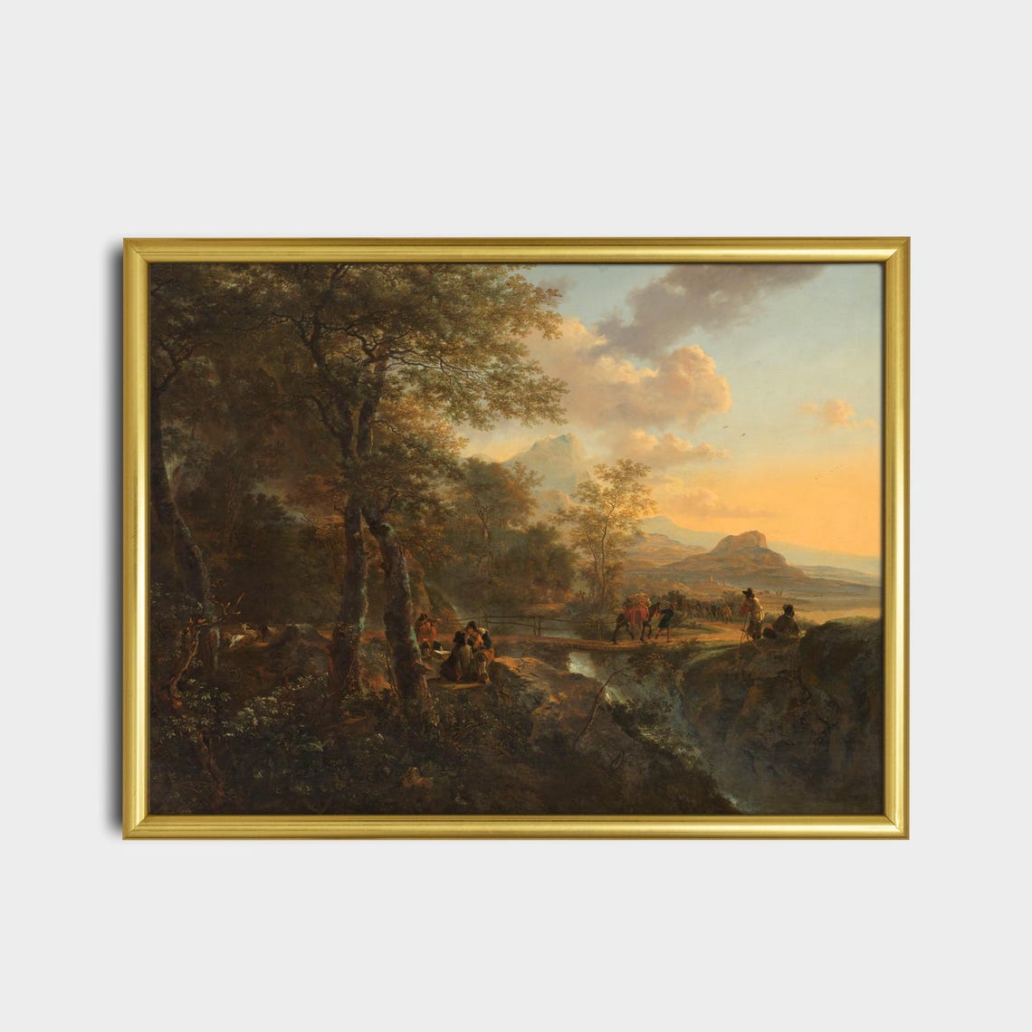 Golden Italian Sunset Landscape with Travelers and Peaks Poster - Image 2