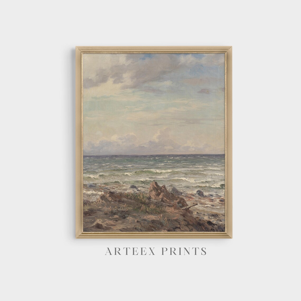 Gray Waves Breaking on a Rocky Shore Moody Vintage Seascape Poster - Image 5