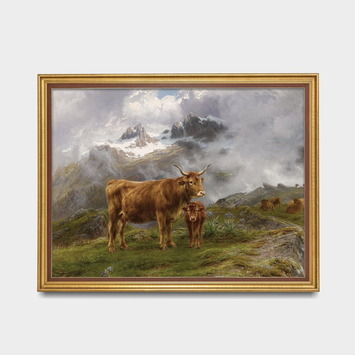 Highland Cow and Calf in a Misty Mountain Pasture Painting Poster - Image 3