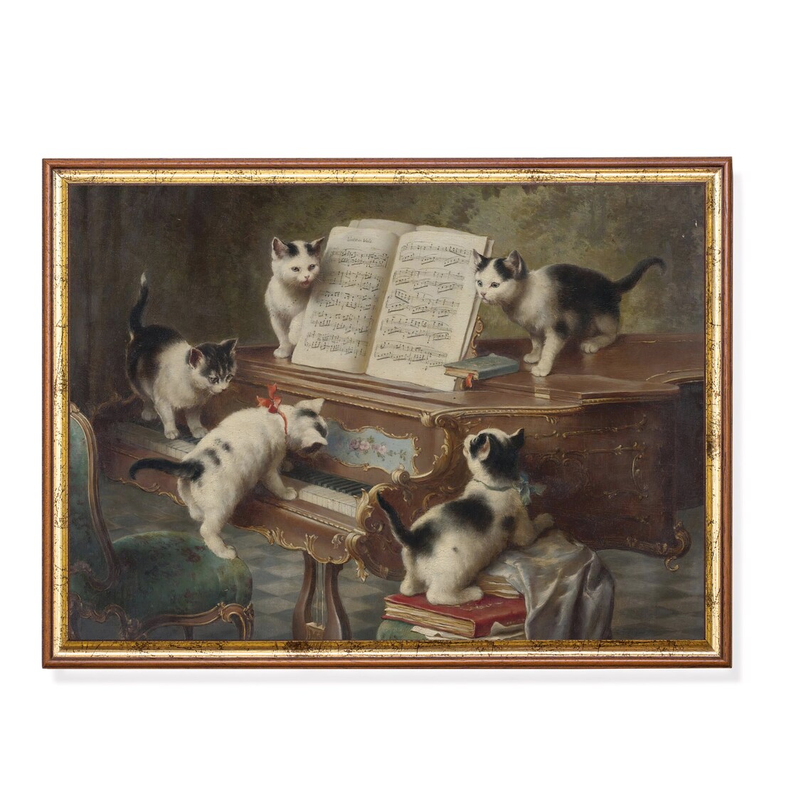 Cats Playing Piano Vintage Farmhouse Art Print