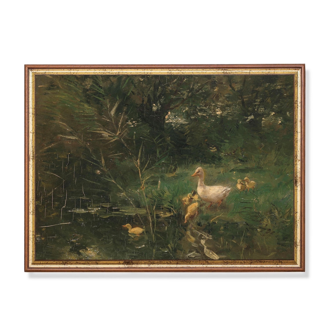 Charming White Duck with Ducklings by a Woodland Pond Vintage Poster