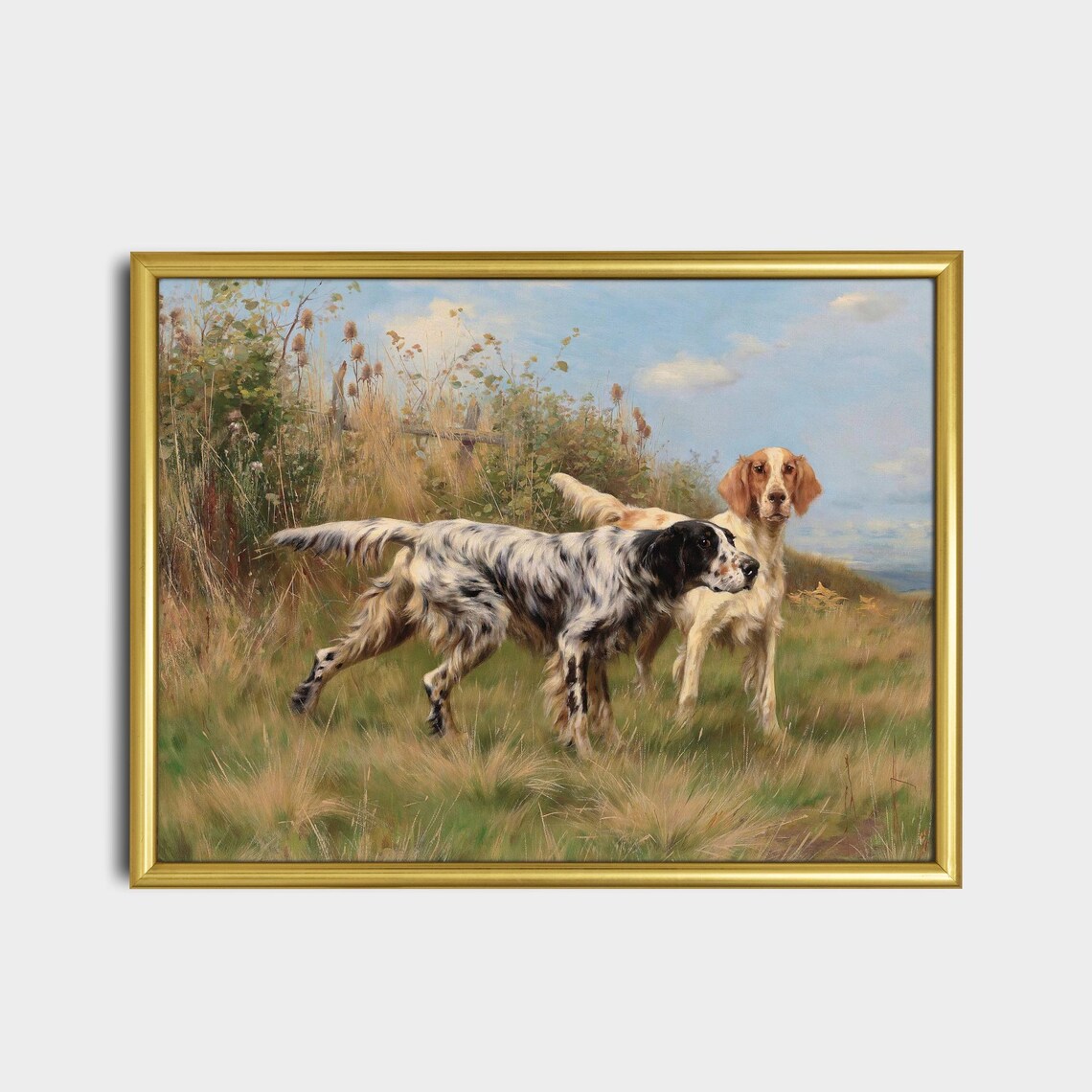 Two English Setters Holding Point in a Tall Grassy Field Poster - Image 2